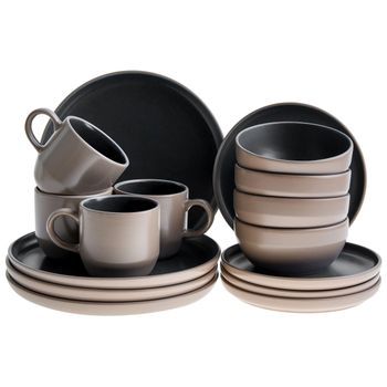 Vajilla De 16 Piezas De Gres Elegante Cocina Y Comedor Para 4 Personas Acabado Esmaltado Beige/negro Nutmeg