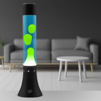 modern blob lamp - black base green wax blue liquid