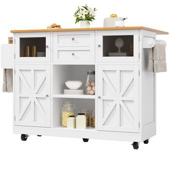 Isla De Cocina Blanca Tipo Carrito De Cocina Con Ruedas, Encimera Plegable Y Cajones, 140x70x93.5cm, Mdf Y Metal