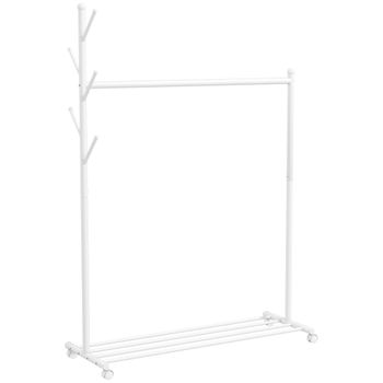 HOMCOM Burro para Ropa con Ruedas 5 Ganchos Barra para Colgar y Balda Inferior para Recibidor Entrada 120x43x171 cm Blanco