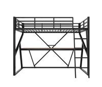 cama alta 90x200cm - estructura de metal con led escritorio escalera barandilla sin colchon - negro
