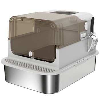 PawHut Arenero para Gatos de Acero Inoxidable XXL con Tapa Abatible Laterales Altos Entrada Superior Pala Gris