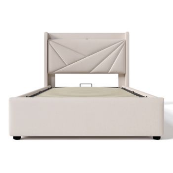 Cama Individual 90x200 - Almacenamiento Con Usb Tipo C Y Cabecero, Estructura De Lino, Somier Incluido - Gris