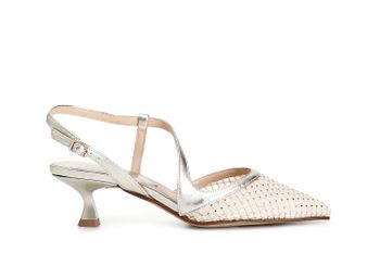 zapato de salón abierto por detrás modelo asimétrico de red con pedrería en la parte delantera light gold