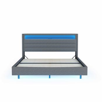 Cama Tapizada 140x200 Cm - Con Toma Usb Y Luz Led, Cabecero Reversible, Pie Oculto, Cama Doble, Cama Juvenil, Cama Para Adultos - Gris