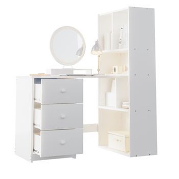 Escritorio Esquinero Blanco Con Estantería Y 3 Cajones, Mesa De Ordenador Para Oficina En Casa, Madera Mdf, 117x63x135 Cm