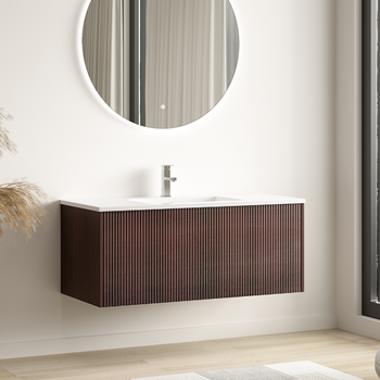 Mueble De Baño Suspendido Con Lavabo 100 Cm Nogal Frente Estriado - Lavabo Blanco - Lomazoo Sovina