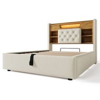 cama de lino beige 90 x 200 cm con cabecero de almacenaje led 3 usb usb-c y somier hidraulico