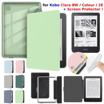 Funda de cuero PU para Kobo Clara BW, Clara Colour y 2E con cubierta trasera de acrílico transparente y protector de pantalla, función de auto encendido/apagado, cierre magnético, funda para lector
