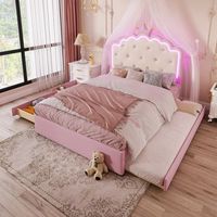 cama infantil tapizada rosa 140 x 200 cm con cama nido luz led y cabecero de corona