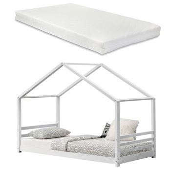 [en.casa]® Cama Para Niños De Pino Con Colchón De Espuma Fría - 200 X 90 Cm - Cama Infantil - Forma De Casa - Textil De Confianza - Certificado Öko-tex 100 - Blanco Mate