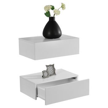 [en.casa] Set De 2 Mesitas De Noche De Pared Con Cajón - Blanco Mate - 46x30x15cm