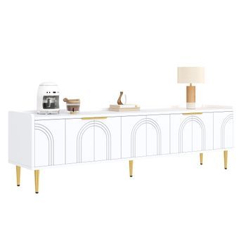 Mueble Para Tv Blanco, Longitud De 170 Cm, Puertas Con Diseño 3d Y Patas De Metal, Mdf