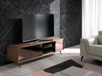 Mueble tv nogal y cristal negro efecto espejo