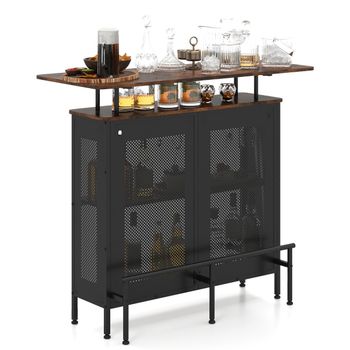 Costway Mesa Alta de Bar Armario de Metal con 2 Estantes para Vino y 6 Soportes para Copas Reposapiés para Bar Cocina Pub 120 x 50 x 106,5 cm