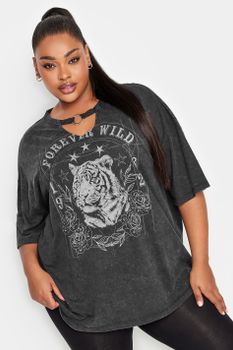 Yours Camiseta Gris De Tigre Detalle Anilla, Mujer Curvy Y Tallas Grandes, Yours