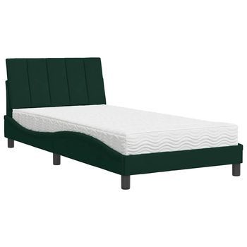 Cama Para Adulto | Cama Individual | Cama Con Colchón Terciopelo Verde Oscuro 100x200 Cm