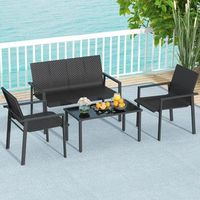 juego de muebles de patio 4 piezas mimbre con marco de metal galvanizado negro