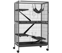 pawhut jaula para animales pequenos de 4 niveles jaula para roedores con ruedas rampas hamaca colgante y bandeja extraible recinto para conejos chinchillas hurones 80x52x128 cm gris oscuro