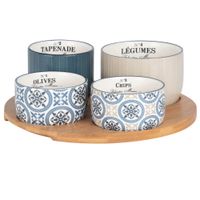 bandeja de aperitivos de bambu con 4 cuencos de ceramica azul beige y blanca con motivos decorativos