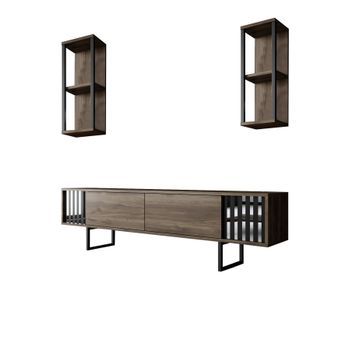 Mueble Tv Con Estante Chrome Line Negro Nogal
