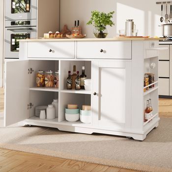 Isla De Cocina, Regleta De Enchufes, Encimera, Blanco+natural