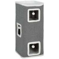 pawhut torre para gatos con 3 casitas 3 pelotas y plataforma en madera tejido y peluche 41x41x100 cm gris y blanco   aosom espana