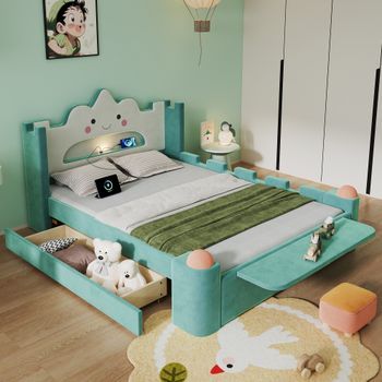 Cama Simple Infantil 140x200 Cm Azul-verde Con Led Y Usb, Cajón De Almacenamiento, Mesa Plegable, Barrera De Seguridad Y Terciopelo.