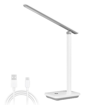 Aigostar lámpara escritorio LED, Flexo LED Escritorio de 3 Modos y 4 Niveles de brillo, Lámpara plegable con puerto de carga USB, 1m cable, Función de memoria, Control táctil, Blanco-gris