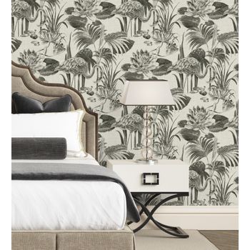 Papel Pintado Vinílico Ecológico De Flamencos Flores Y Plantas - Flamingo Palace 680665 De Gaulan - Rollo De 10 M X 0,53 M