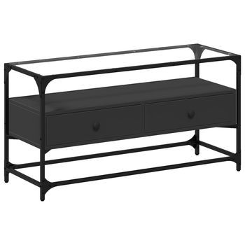 Mueble Tv | Mueble De Salón | Gabinete De Tv Cristal Y Madera Ingeniería Negro 98x35x51 Cm