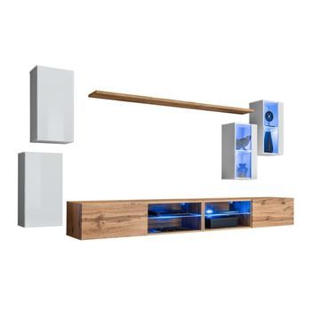 Conjunto De Muebles De Salón Switch Xxv – Led – Blanco Y Roble – Composición Mural De Diseño