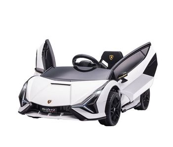 Homcom coche eléctrico para niños de +3 años lamborghini sian coche de batería 12v con mando a distancia apertura de puerta música mp3 usb y faros 3-5 km/h 108x62x40 cm blanco