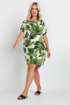 Yours Vestido Fresco Corto De Hojas Verdes Tropicales, Mujer Curvy Y Tallas Grandes, Yours