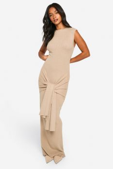 Vestido Petite Maxi De Punto Y Canalé Premium Con Atadura En La Cintura, Beige