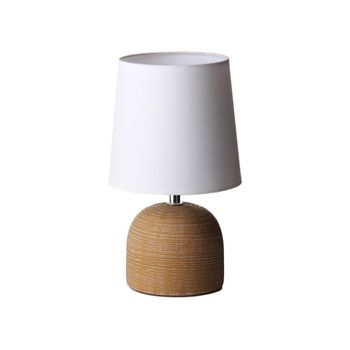 Lámpara de mesa de cerámica marrón y pantalla blanca cónica de 16x28 cm Punto de luz auxiliar para mesita de noche o salón. Cable de 110 cm con interruptor. Casquillo E14. No incluye bombilla