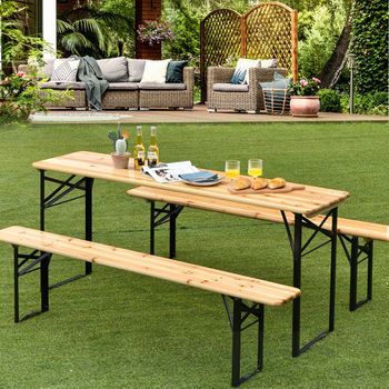 Juego De Mesa Y Banco De Picnic 3 Piezas Plegable Acero Para Patio Natural