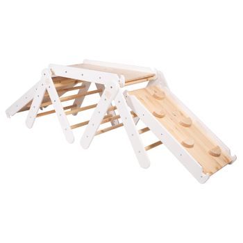 Meowbaby Triángulo De Escalada Con Tobogán Y 3 Paredes De Escalada Para Niños, Blanc/naturel