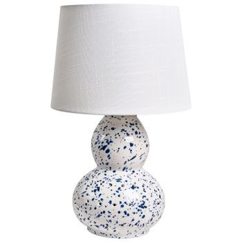 Lámpara De Mesa Moderna Base De Cerámica Pantalla De Lino Forma Cilíndrica Lunares Azules Acabado Brillante Blanco Macal