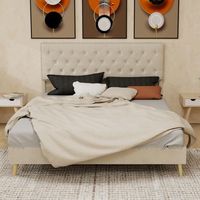 cama tapizada 160x200 cm beige con cofre de almacenamiento y cabecero tapizado