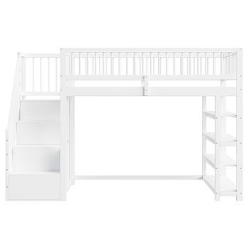 Cama Alta De Madera Maciza 90x200 Cm - Diseño De Seguridad Con Barandilla Alta, Armario, Estantes Y Espacio De Almacenamiento Con Escalera Segura - Blanco