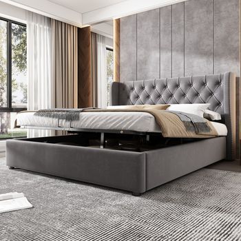 Cama Doble 140x200 Gris/negro, Oreja Capitoné, Somier Lamas, Hidráulica, Recubrimiento Anti-manchas