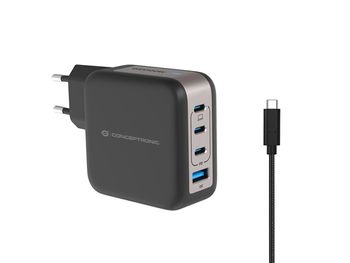 CARGADOR DE PARED CONCEPTRONIC USB-C x3 USB-Ax1 QUICKCHARGE 3.0 GaN PPS 100W INCLUYE CABLE NEGRO
