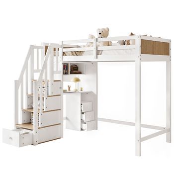 Litera Infantil Con Escritorio Y Almacenaje, Cama Litera 90x200 Cm De Madera Maciza, Blanco Y Natural