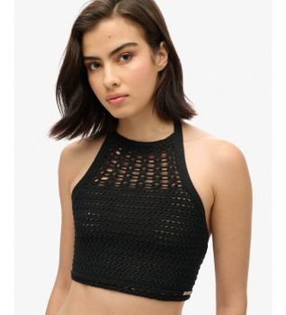 Superdry para mujer. W6011988A Top Crop Halter Crochet Negro (XS), Casual, Algodón, Sin mangas / Tirantes