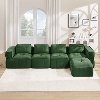 Sofá Modular De 4 Plazas En Forma De L Con Puf, Poliéster Verde, Espuma 32d, 344x162x67 Cm