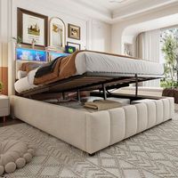 cama tapizada doble para adultos con led usb cabecero con estanterias almacenamiento hidraulico tejido de lino beige 180x200 cm