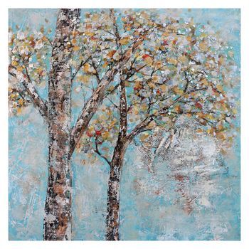 Cuadro Abstracto Kuatéh 100 X 100 Cm Árboles De Otoño Con Cielo Azul Collage En Aluminio