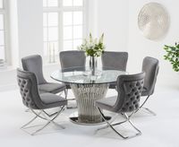 hans round 130cm glass table with giovanni velvet chairs - grey 4 chairs