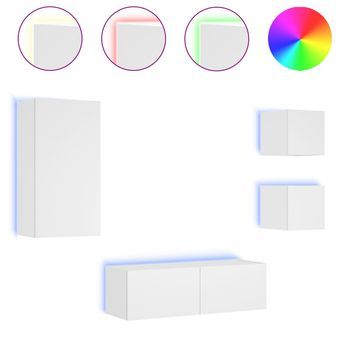 4 Uds Muebles Tv De Pared | Mueble De Salón | Armario Tv Con Luces Led Blanco